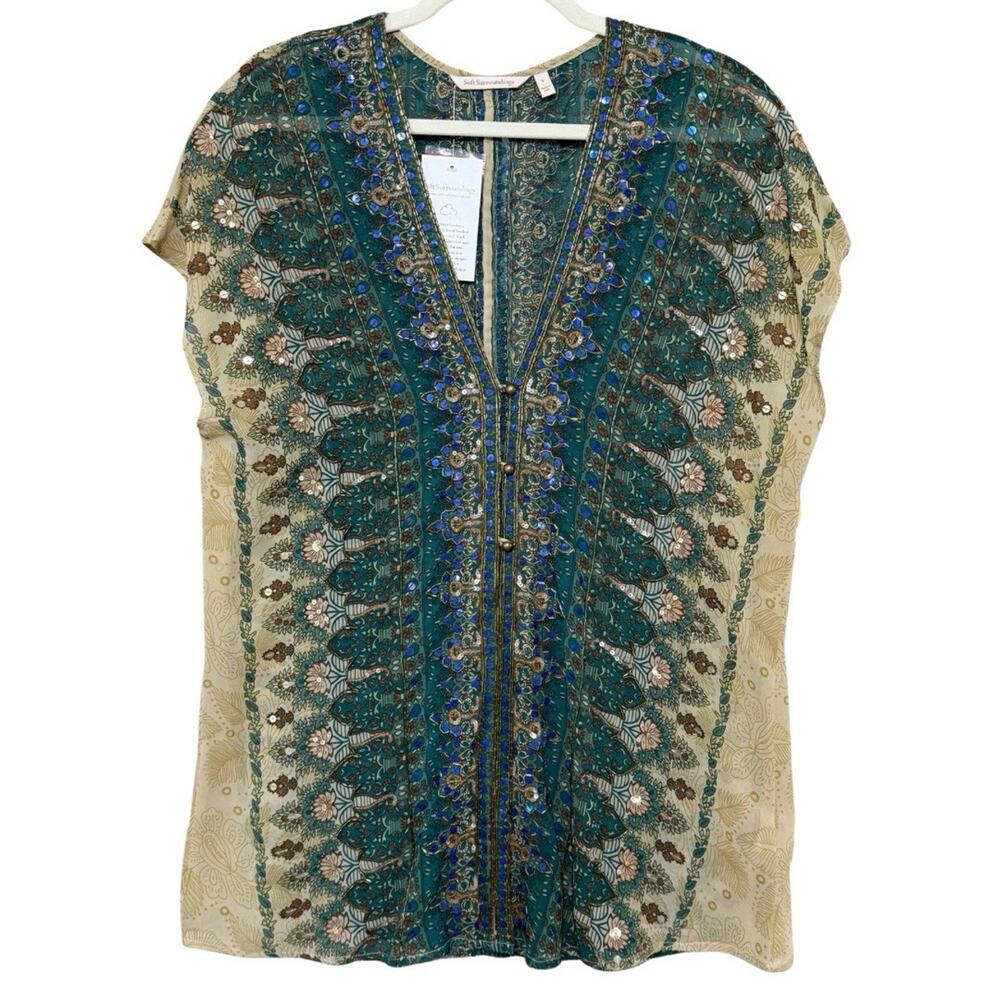Soft Surroundings Sleeveless Beaded Tunic Size L Green Beige Sheer Blouse NWT